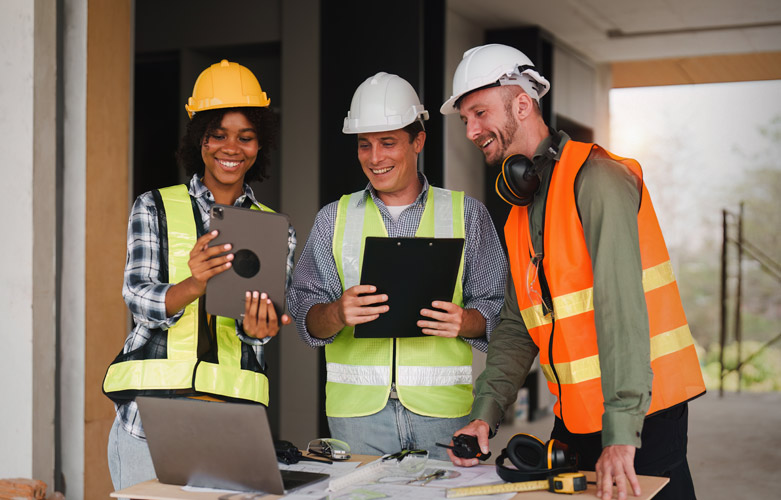 People in high-visibility vests looking at tablet